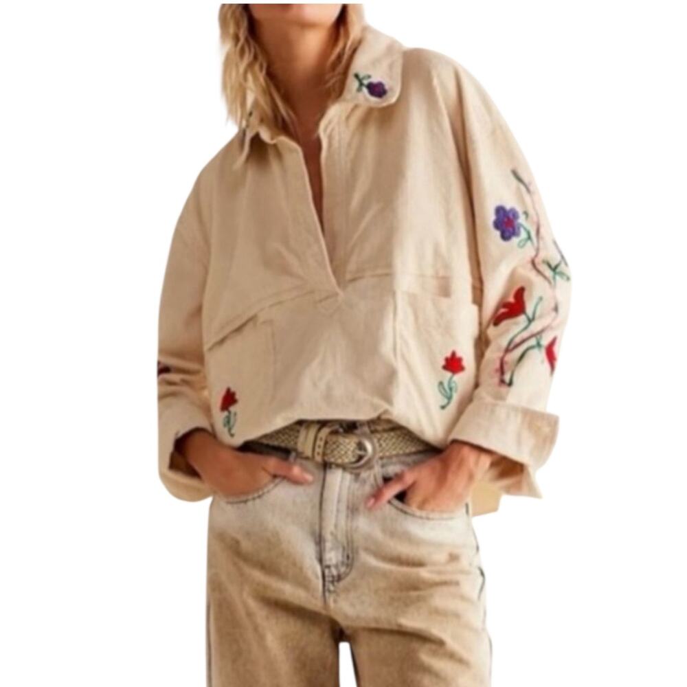 Free People We the Free Winter Bloom Pullover Top Corduroy Embroidered Size XS